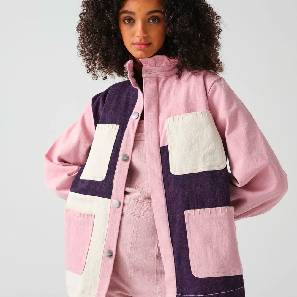 NWT Seventy + Mochi Colourblock Patchwork Jean Jacket in Pink and Purple